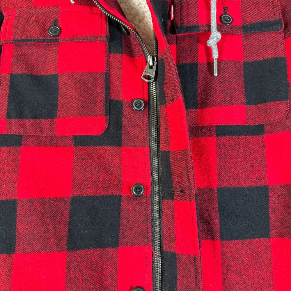 Levis Mens Buffalo Plaid Sherpa Lined Hooded Shirt Jacket Red Black LM1JC684 S